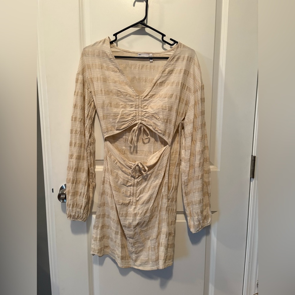 Beige Long-Sleeve Cutout Dress